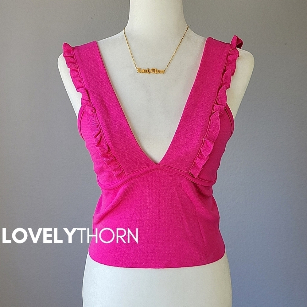 ZARA // bright pink plunge ruffle detail low back crop thick knit sleeve top